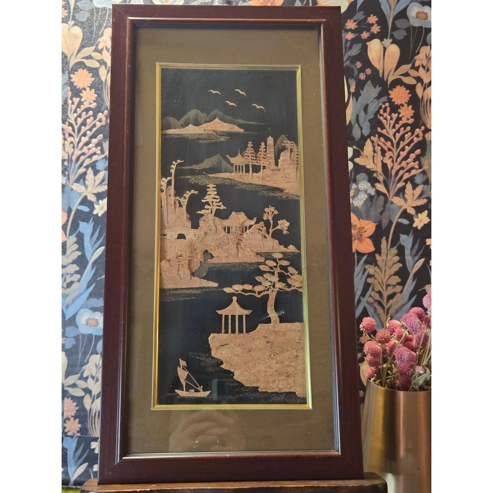 Vintage Asian Landscape Cork Art Diorama Wall Decor Framed Village Scene
